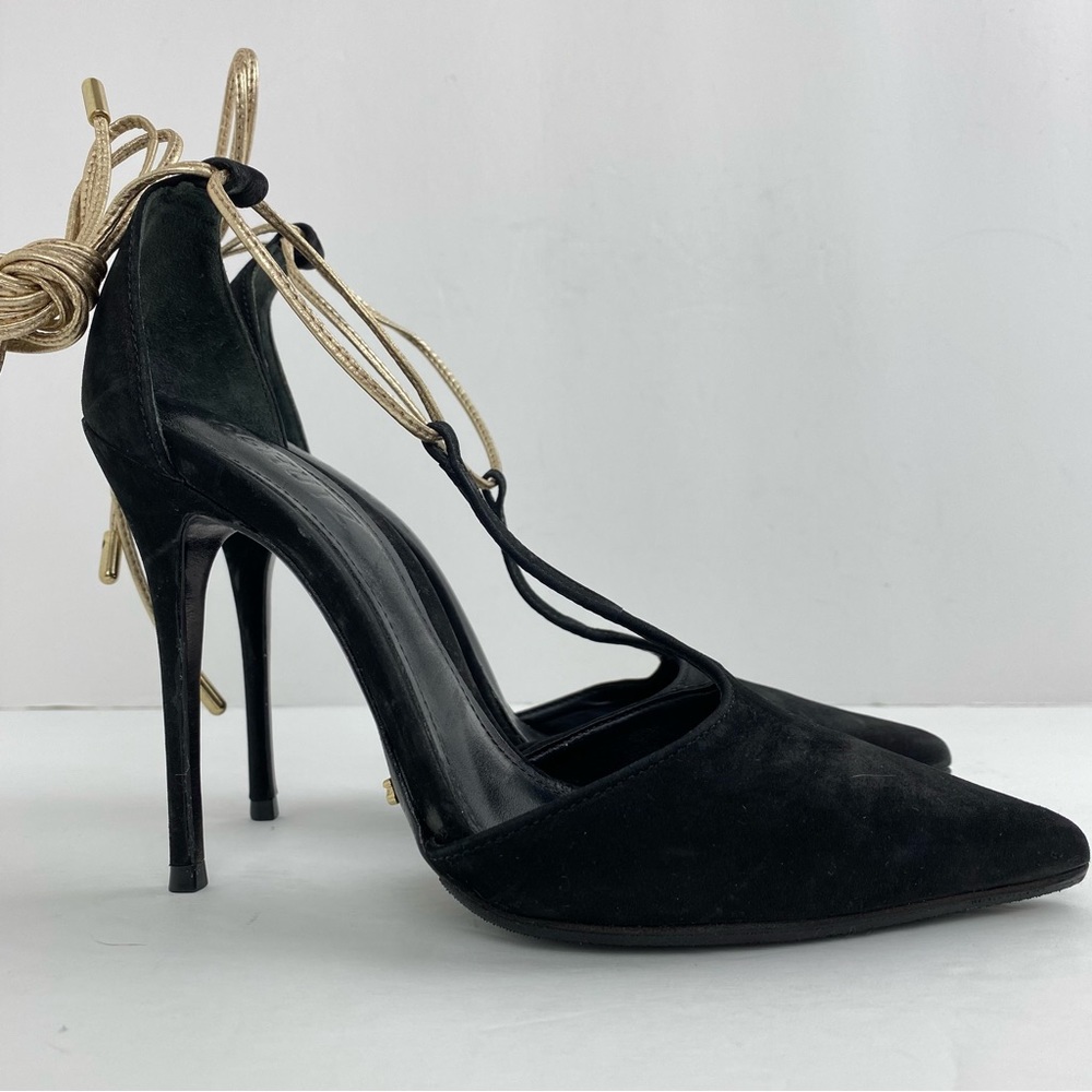 SCHUTZ Black Suede Pointed-Toe Lace-Up Stiletto Heels with Gold Laces